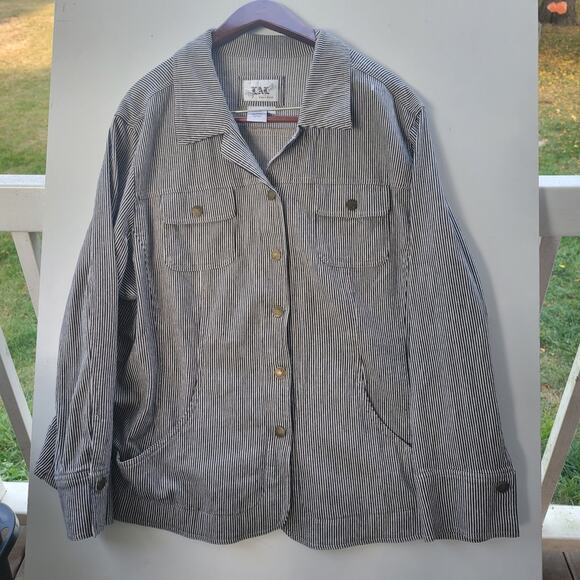 Live a Little Womens Jacket size Lg Blue/ White Stripe Denim Snap Up Pockets - Picture 1 of 9